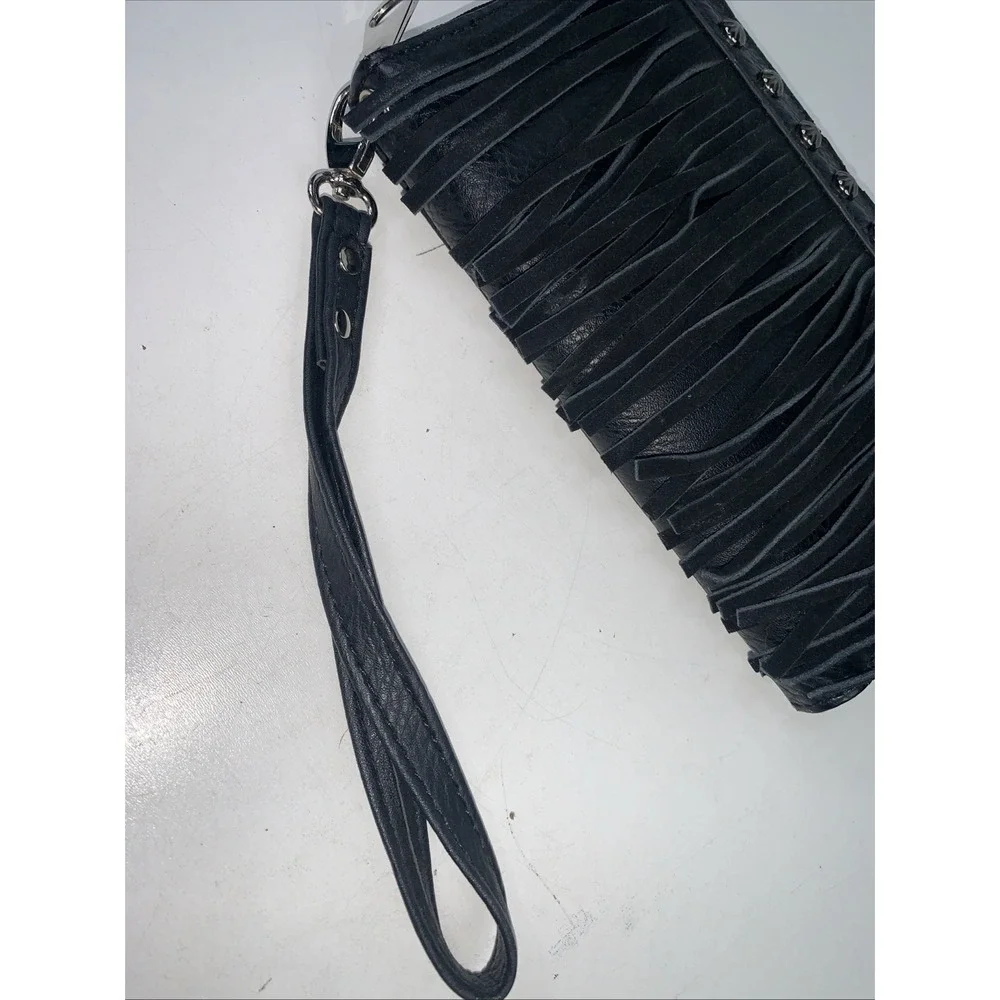 Unmarked Black Fringe Clutch Zip‎ Close Wrist Strap